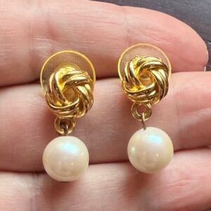 Vintage Gold Tone Love Knot & Pearl Drop Earrings